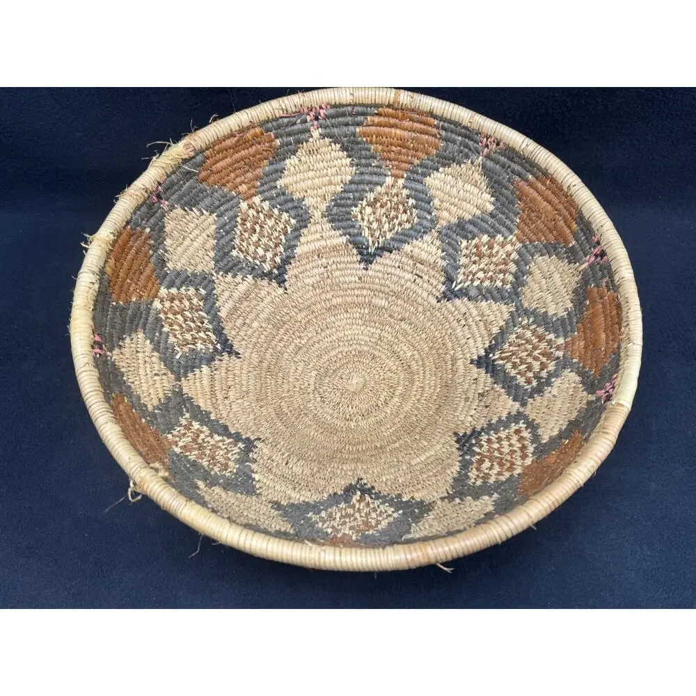Vintage African Tribal Geometric Coiled Bowl Basket 14” Brown Tan Pink